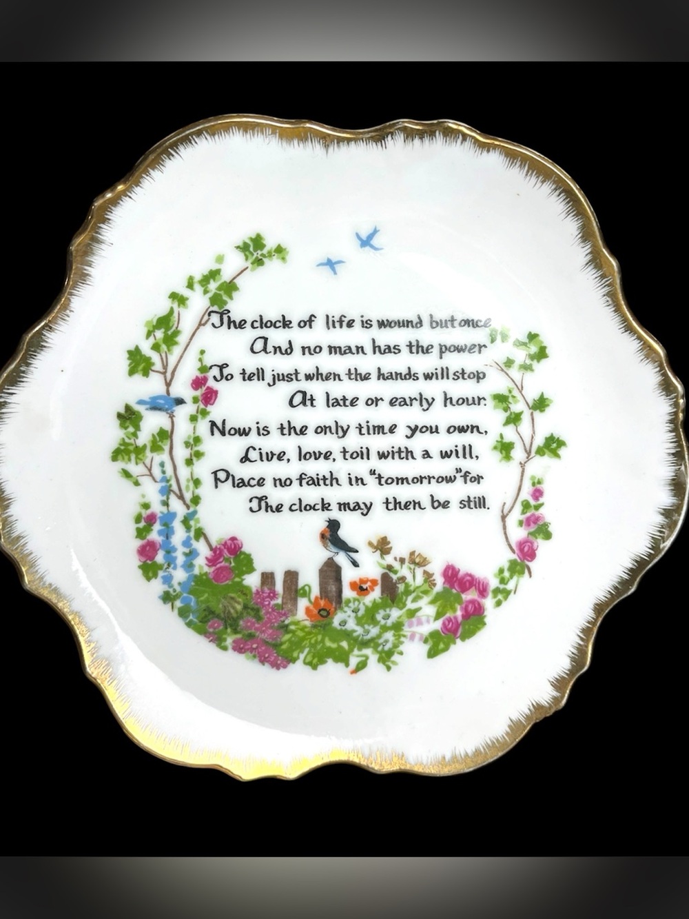 Vintage Decorative White Porcelain Poem Plate with Gold Rim Cottagecore